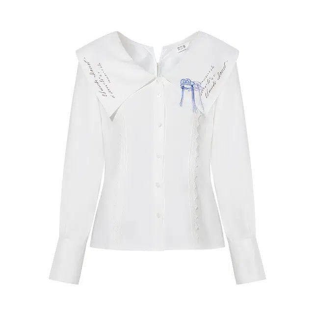 两三事 云影信羽 清甜优雅简约时尚设计感温柔气质修身显瘦减龄百搭印花刺绣不对称大翻领长袖上衣衬衫 女款