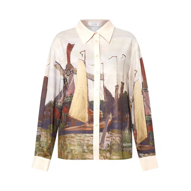 两三事 未央海雾 复古文艺个性潮流优雅时尚高级感休闲宽松舒适日常百搭油画印花拼色长袖衬衫 女款