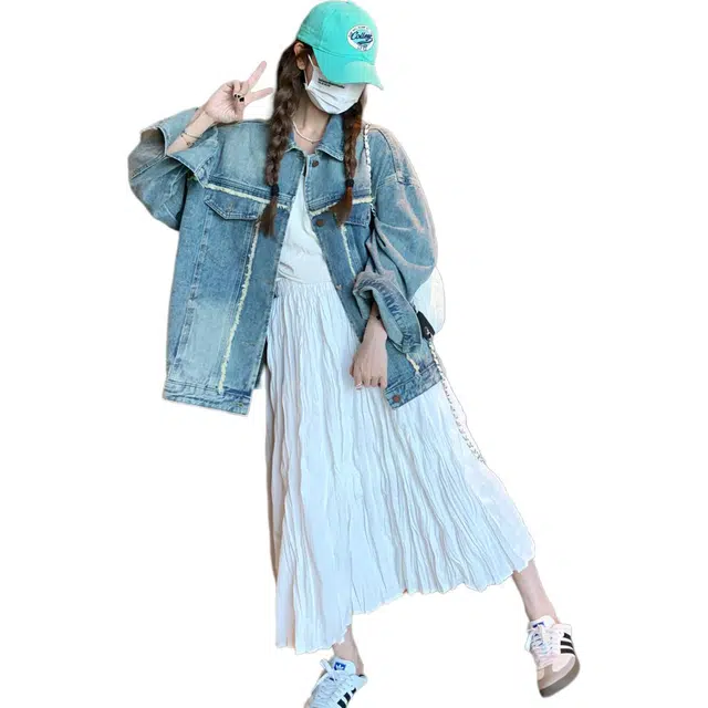 稻草人 复古设计感宽松休闲小众时尚韩版中长牛仔外套 女款