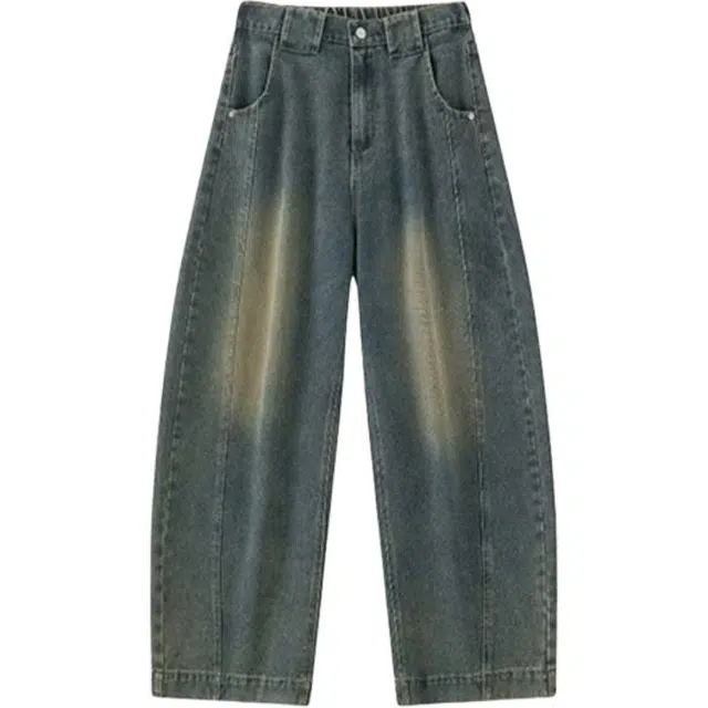 爱肯 美式复古高街做旧水洗拼接阔腿宽松休闲潮流时尚舒适百搭牛仔裤 男女同款