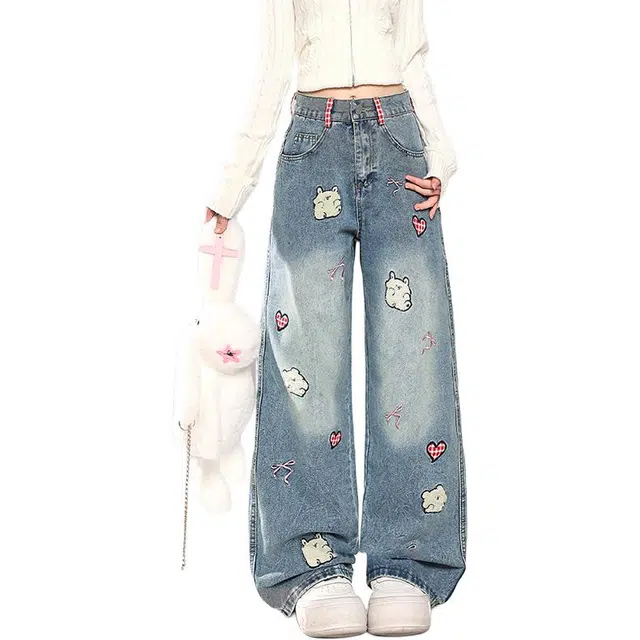 柏黛妃 美式复古卡通刺绣阔腿女生秋季设计感宽松休闲直筒裤子牛仔裤 女款