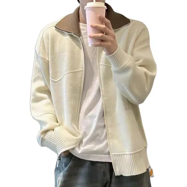 北欧攻略 秋冬重磅高级感撞色翻领拉链开衫毛衣老钱风穿搭软糯舒适加厚针织衫 男女同款