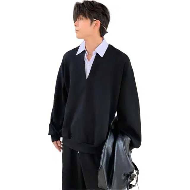 冈哉 美式设计感春秋款宽松假两件翻领基础款简约上衣松弛慵懒感个性学院风青春流行减龄日常通勤长袖卫衣 男女同款