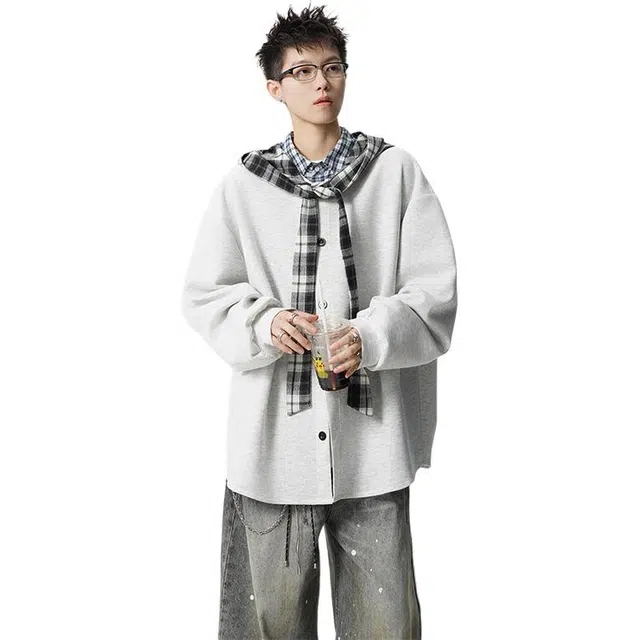袋鼠 高级感慵懒风外套老钱风外穿百搭显瘦长袖设计感高质感大帽子连帽格子撞色大码卫衣 男女同款