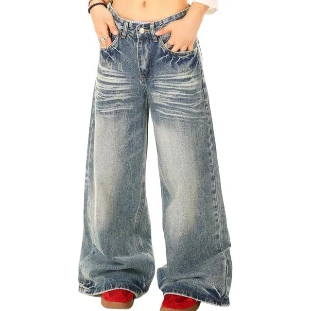 柏黛妃 美式水洗做旧直筒春秋季复古宽松休闲拖地长裤潮牛仔裤 女款