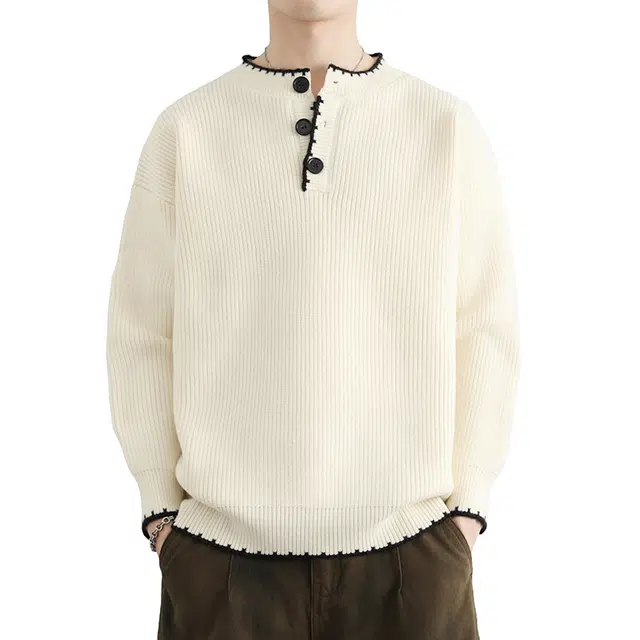 百胜狐 百胜狐复古羊毛混纺手缝线亨利领套头混纱男情侣慵懒针织衫 男款