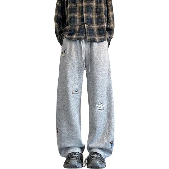 佐菲利 美式卡通小狗刺绣潮牌百搭运动卫裤高街复古阔腿长裤休闲裤 男女同款