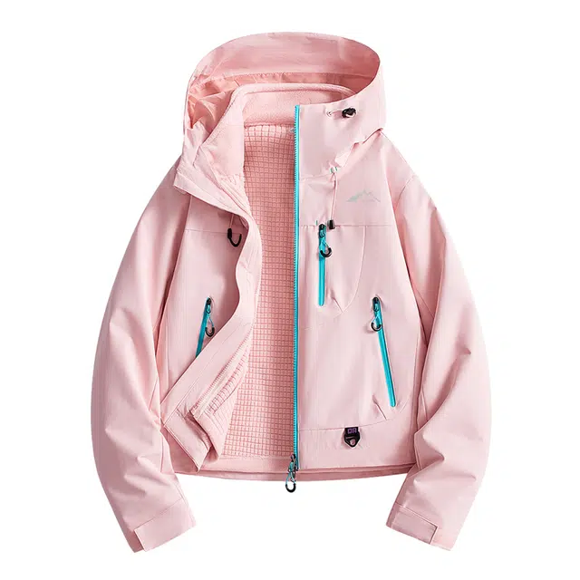 赛琪 拼色短款防风防水三合一抓绒可拆卸内胆小个子户外登山旅游徒步露营进藏休闲拉链连帽长袖夹克绒感外套 女款