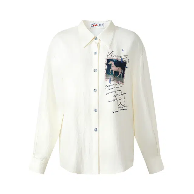 两三事 白驹斜阳 简约优雅个性高级感设计休闲宽松舒适日常通勤百搭森系风印花刺绣开衫长袖上衣衬衫 女款