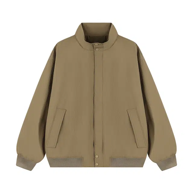 港仔文艺男 美式复古拼接解构螺纹袖口设计立领工装飞行员上衣休闲宽松纯色百搭简约夹克外套 男女同款