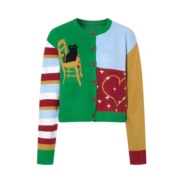 两三事 绿里花火 复古文艺个性独特时尚潮流休闲宽松舒适日常通勤百搭人柔软拼色猫咪图案开衫长袖上衣针织衫 女款