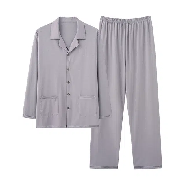 俏佳人 莫代尔垂感亲肤柔软舒适透气家居服开衫翻领简约纯色休闲宽松长袖长裤睡衣套装 男款