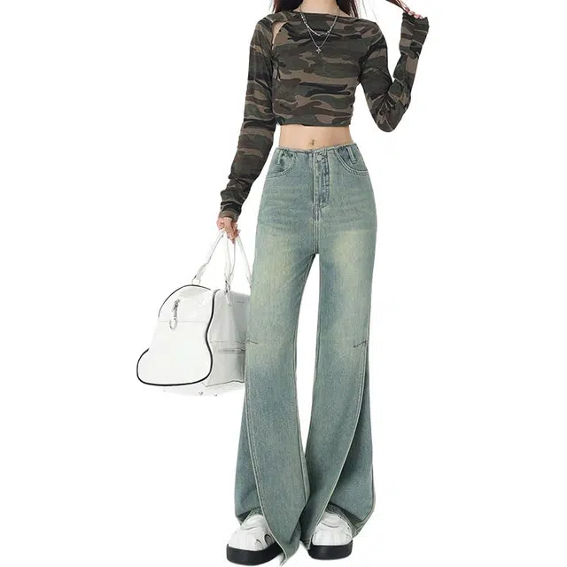 如续 复古开叉喇叭宽松阔腿女早秋设计感休闲垂感拖地裤长裤牛仔裤 女款