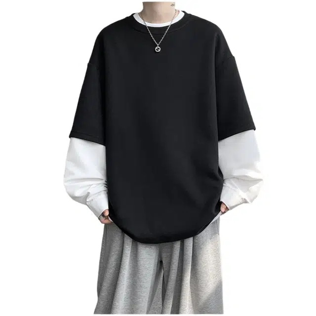 加荣 春秋复古华棉假两件长袖男卫衣撞色慵懒感日常气质百男休闲衣简约纯色今年流行爆款男士款美式舒适高级感男上衣 男女同款