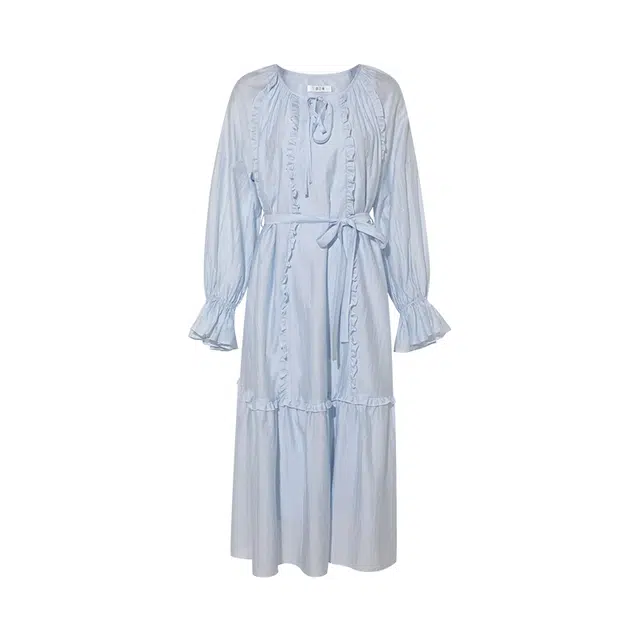 两三事 水雾诗语 甜美可爱时尚高级感清新温柔优雅简约宽松舒适木耳边拼接绑带设计泡泡袖百搭长袖连衣裙 女款