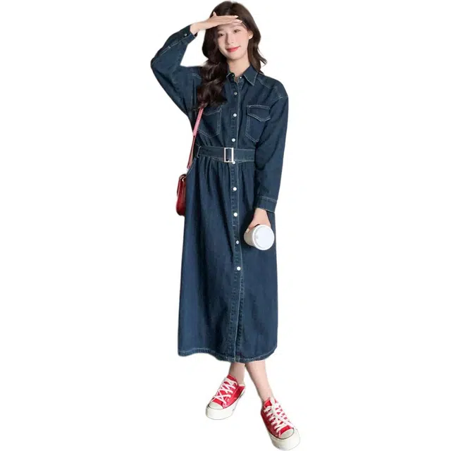 稻草人 时尚简约舒适休闲牛仔面料大方秋长袖连衣裙 女款