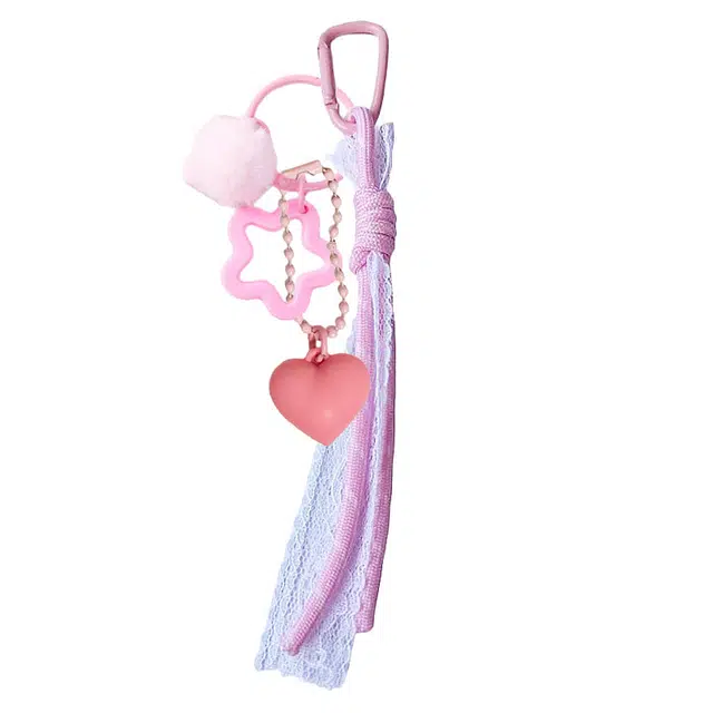卡莱茵 【爱心小星星】创意粉色系带小毛球  镂空手机包包挂绳  #好运 尼龙 挂件 男女同款情侣款