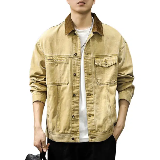 前进牛 美式复古重磅底特律纯棉废土风水洗工装夹克男潮流硬汉高级感灯芯绒领子潮牌休闲男牛仔外套 男款