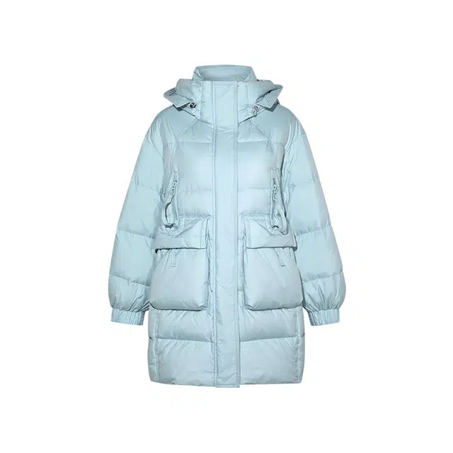 两三事 北岛冰川 时尚简约轻盈保暖休闲舒适百搭多口袋拉链装饰设计高领连帽中长款羽绒服 女款