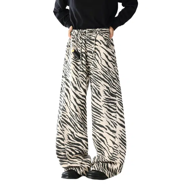 加荣 美式复古潮流男士款牛仔裤宽松男拖地裤春秋百搭可系皮带基础款裤子斑马纹印花设计男直筒裤显高显瘦男长裤 男女同款