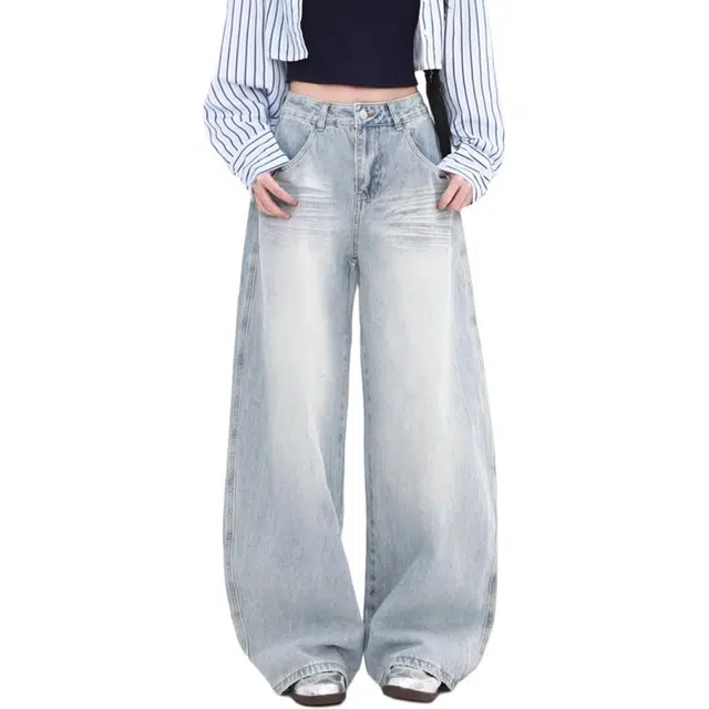 柏黛妃 美式复古口袋刺绣牛仔裤秋宽松高腰显瘦阔腿裤拖地长裤女休闲裤 女款