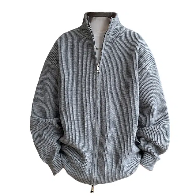半空山 纯色简约基础款开衫外套双拉链设计柔软舒适亲肤透气百搭宽松日常通勤学院风休闲立领针织衫 男女同款