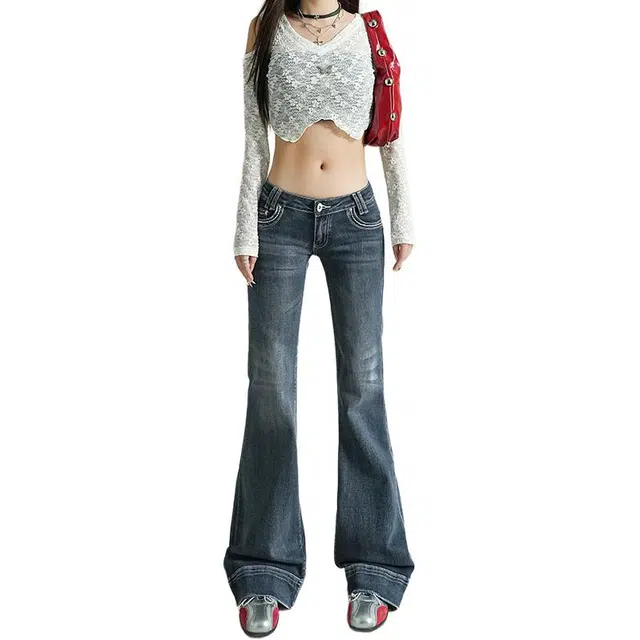 如续 美式女秋冬复古水洗蓝拖地辣妹弹力超低腰微喇裤子牛仔裤 女款