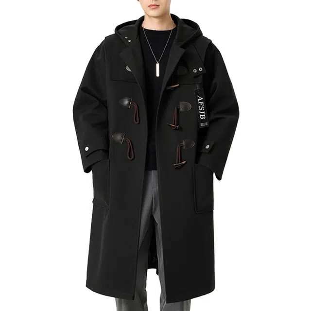 艾梵斯贝 品质轻奢高级感牛角扣长款过膝连帽宽松休闲商务简约时尚百搭气质无性别情侣毛呢大衣 男女同款