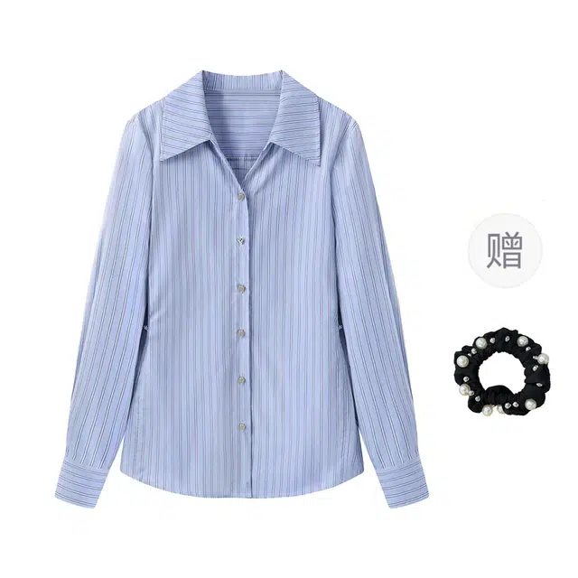 雾闪闪 撞色条纹女装职业通勤收腰两穿翻领上衣衬衫 女款