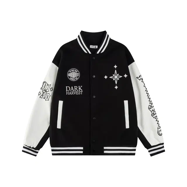 奇迹街区 美式复古字母几何图案刺绣宽松百搭潮流休闲情侣日常简约高街嘻哈舒适棒球服运动国潮无性别主义外套夹克 男女同款