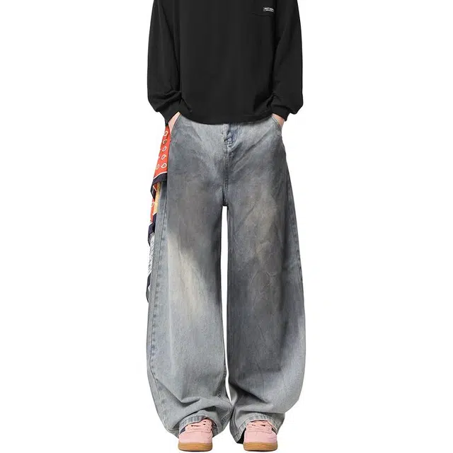 佐菲利 美式做旧水洗设计感脏脏弯刀长裤子小众阔腿宽松牛仔裤 男女同款