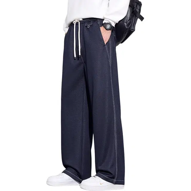 协协乐 美式高街风时髦丹宁原牛秋冬季潮牌宽松直筒原色青少年抽绳休闲长裤子牛仔裤 男款