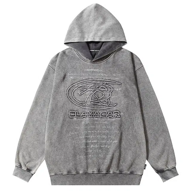 拾个壹先生 美式复古重磅高街小众痞帅做旧字母印花百搭帽衫卫衣 男女同款