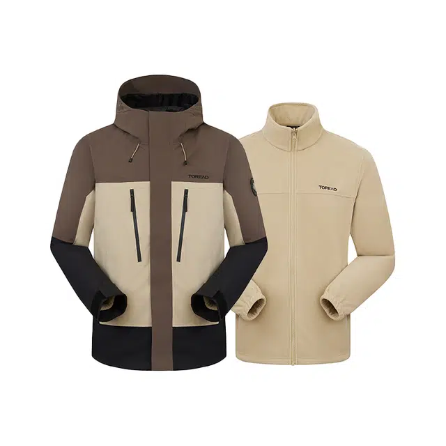 探路者  三合一加绒加厚户外抓绒拼色可脱卸帽拉链  防水防风保暖冲锋衣 男款