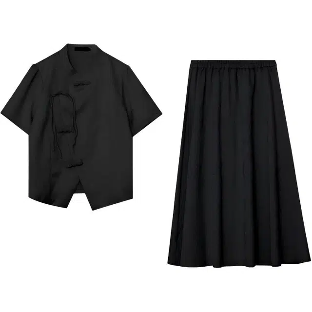 惟友 胖女生显瘦穿搭连衣裙胖妹妹大码夏季女装裙装套装 女款 新中式国风短袖半身裙两件套