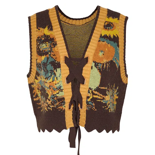 两三事 静美如秋叶 复古文艺个性时尚潮流高级感休闲宽松舒适日常通勤百搭后背绑带花色图案无袖针织背心 女款