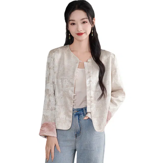 荟萃阁 新中式国风韵味圆领改良盘扣拼接袖口暗纹提花民族风长袖上衣夹克 女款