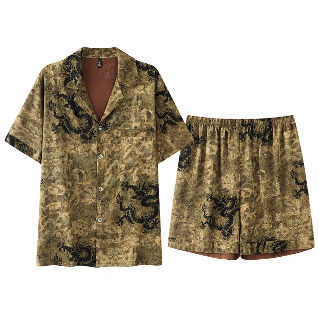 俏霓桐 夏季轻奢高级感翻领凉感冰丝复古休闲图腾简约短袖短裤家居服可外穿睡衣套装 男款