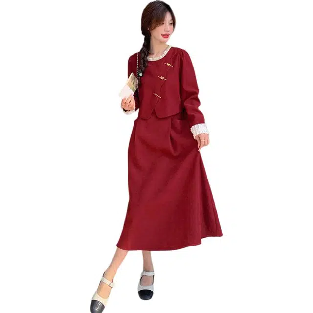 袋鼠 新中式轻国风时尚收腰气质长袖连衣裙 女款