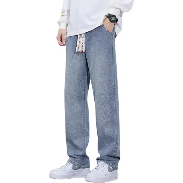 瑞梵帝斯 秋季美式直筒宽松垂感裤子复古风高街休闲水洗潮牌百搭通勤凉感亲肤柔软透气高腰长裤时尚牛仔裤 男款