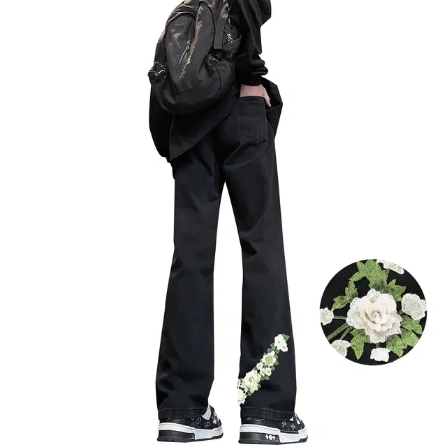 【万针刺绣3D立体浮雕】布客行 显腿长显高显瘦重工美式复古水洗直筒花卉透气高街舒适亲肤休闲百搭微喇长裤文艺风基础款牛仔裤 男女同款