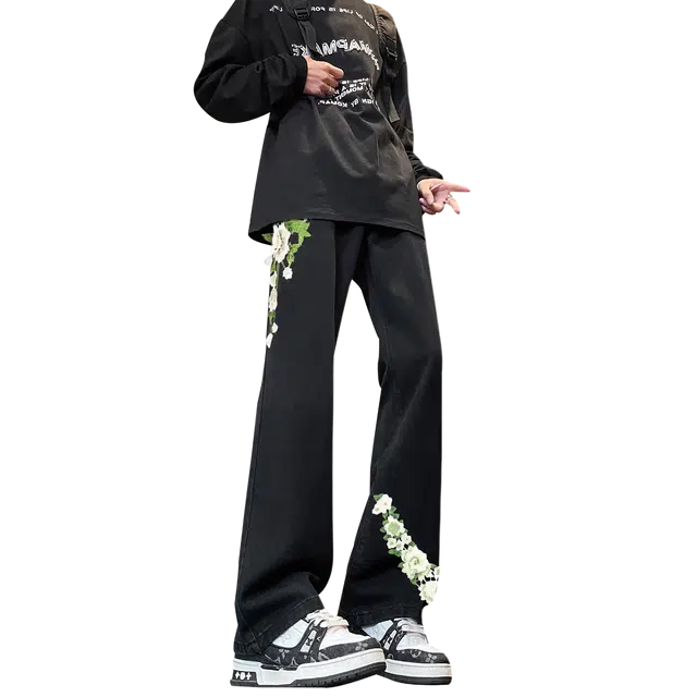 【万针刺绣3D立体浮雕】布客行  重工美式复古水洗基础款直筒高街舒适亲肤透气休闲百搭微喇纯色长裤显高显瘦显腿长弹力牛仔裤 男女同款