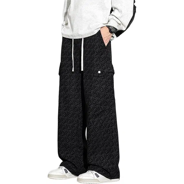 协协乐 高街风弯刀裤字母印花春秋季宽松直筒美式潮牌青少年阔腿拖地裤抽绳痞帅休闲长裤子工装裤 男款
