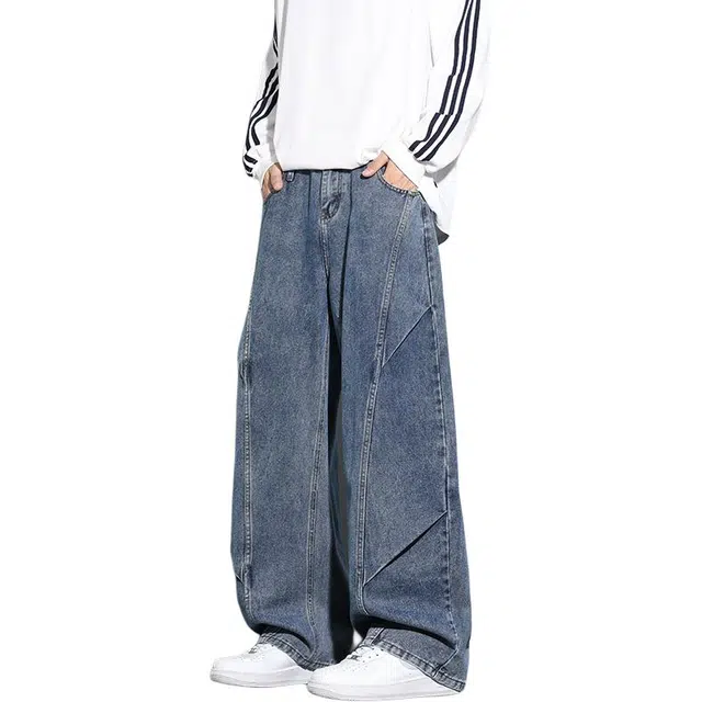 左岸 美式高街复古时尚潮流宽松加肥加大码舒适直筒显高显瘦长裤休闲阔腿裤设计感压褶牛仔裤 男款