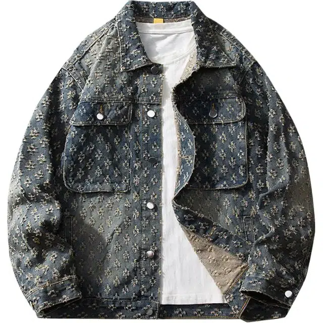 寻星记 美式复古提花宽松春秋季夹克 高级感痞帅休闲大口袋百搭牛仔外套 男女同款