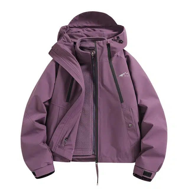 赛琪 小个子可爱风户外三合一加绒加厚可拆卸抓绒内胆露营拉链宽松防泼水防风透气保暖速干连帽短款夹克绒感外套 女款