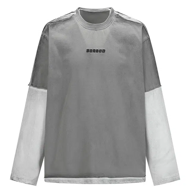 拾个壹先生 美式复古拼接假两件潮流小众宽松休闲百搭设计感字母刺绣长袖卫衣 男女同款