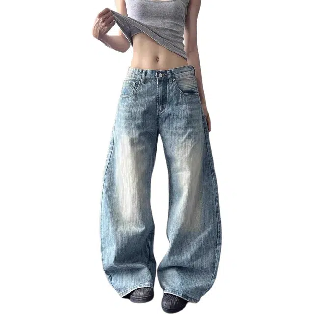 么宁 美式复古高街竹节纹做旧弯刀直筒微喇廓形长裤子牛仔裤 女款