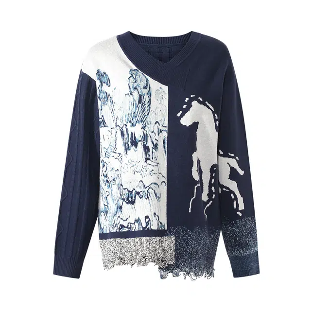 两三事 垂芒溯夜 复古文艺个性时尚潮流设计感休闲优雅气质宽松舒适不对称木耳边下摆花色针织图案长袖上衣毛衣 女款