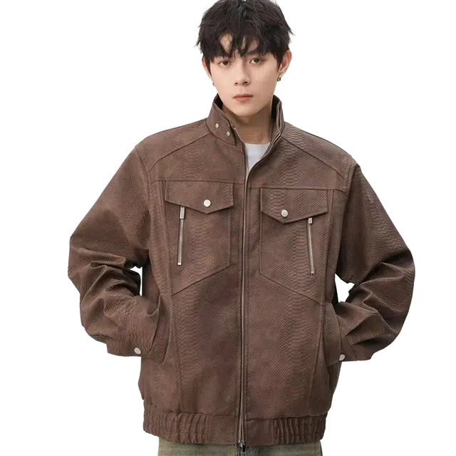 一碗士多 美式复古小众百搭纯色简约仿鱼鳞设计宽松舒适保暖个性痞帅时尚通勤日常活动户外骑车立领飞行员夹克 男女同款